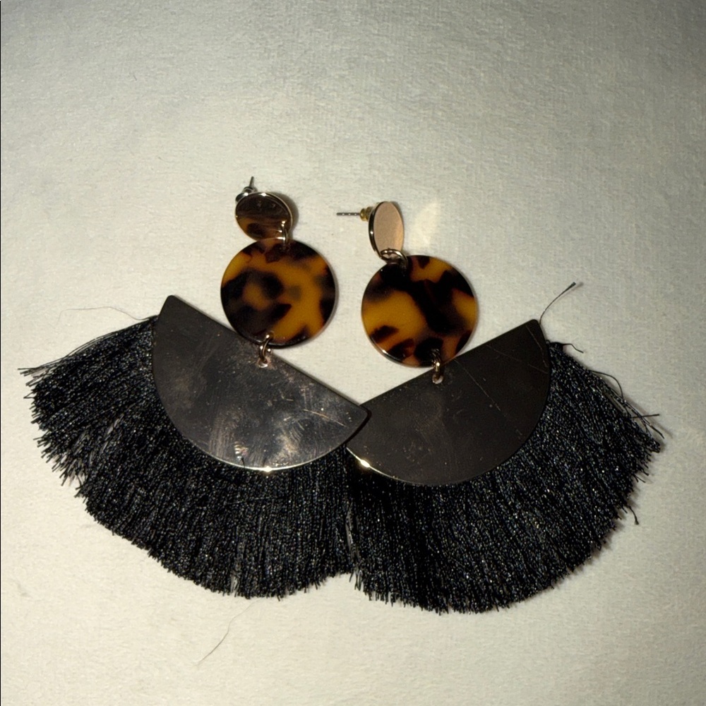 Tortoise Shell and Black Fringe Earrings